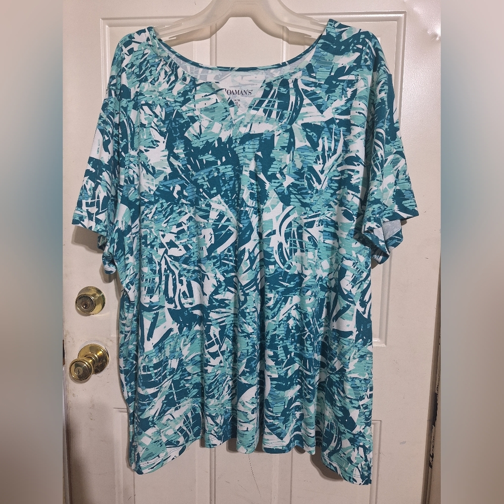 ROAMAN'S Top Teal Patterned 4X